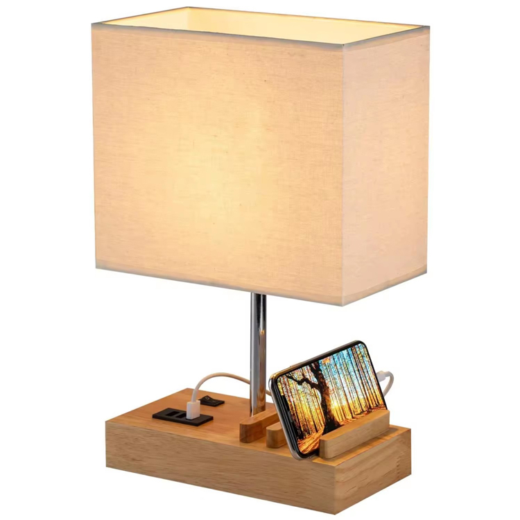 Modern USB Charging Port Base Wooden Hotel Table Lamp